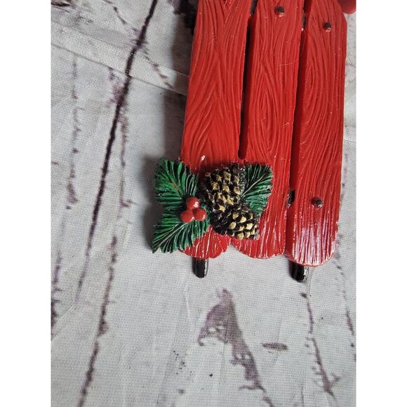 Vintage Red Sled Christmas Ornament Pinecone Holly Rustic Holiday Decor - Picture 2 of 4